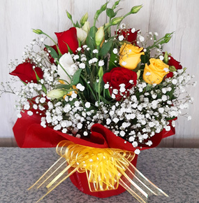 12 Red & Yellow Roses, alstroemeria and Gypsophila