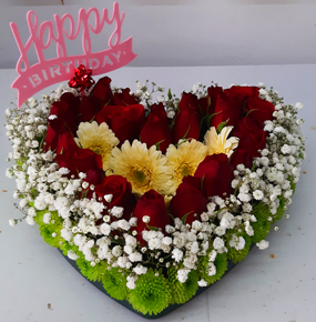 Heart Shape Mix Flowers with Happy Birthday Label
