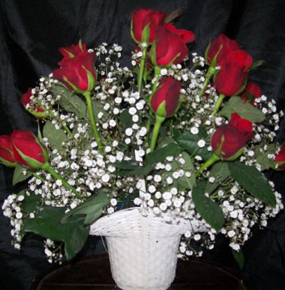 18 Red Roses in a white basket